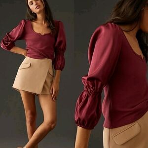Anthropologie Maeve Ribbed Tiered Satin Sleeve Top XSp Burgundy Dainty Chic